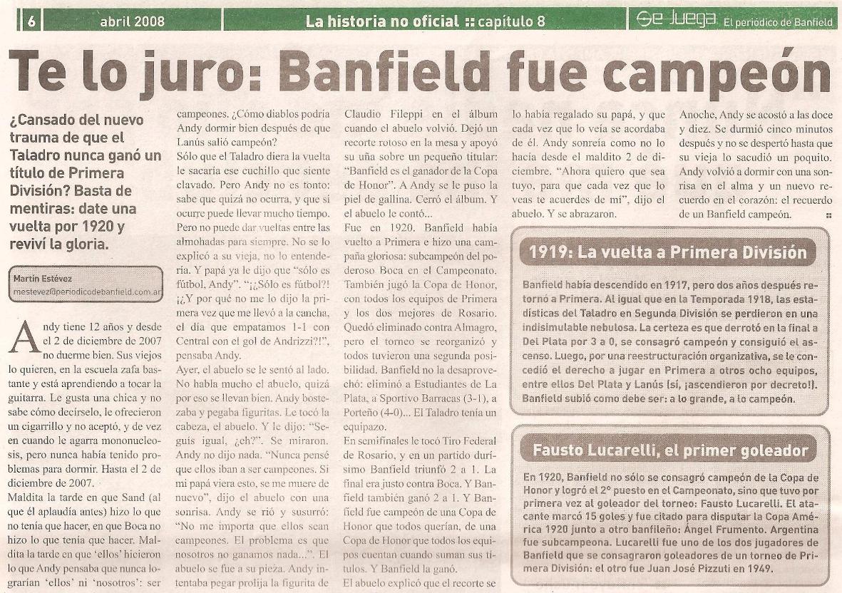 "Te lo juro: Banfield fue campeón", por Martín Estévez La historia no oficial de Banfield: Capítulo 8 (1919-1921)